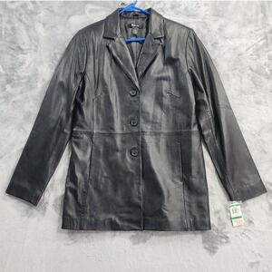 NEW Style&Co Coat Womens L Black Leather Button Front Mid Length Overcoat Blazer